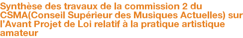 Synthèse des travaux de la commission 2 du CSMA(Conseil Supérieur des Musiques Actuelles) sur l'Avant Projet de Loi relatif à la pratique artistique amateur